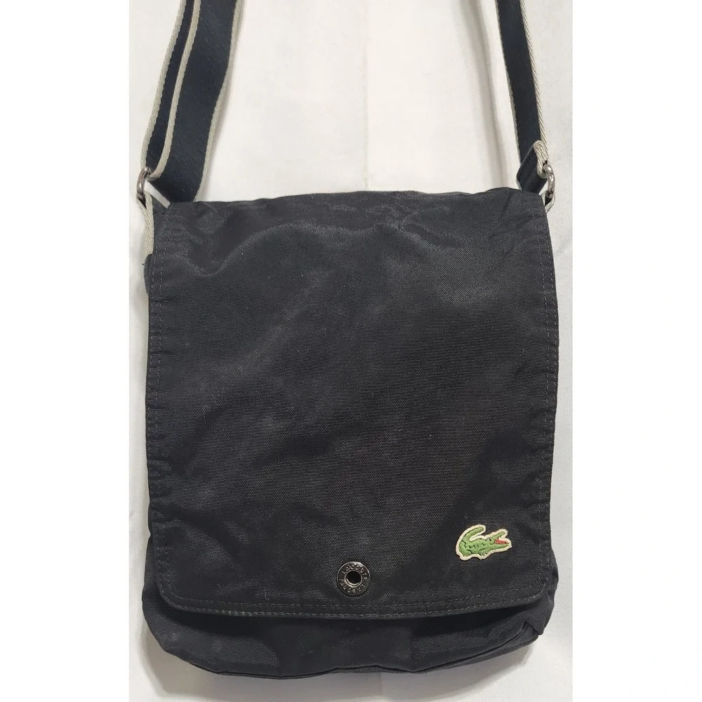 Lacoste Messenger Bag Black Canvas Crossbody Flap Over Sporty Crocodile Logo